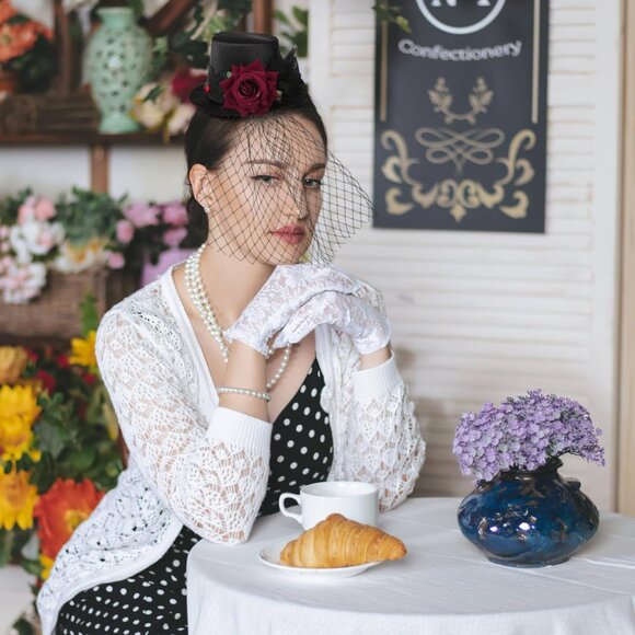 Mini Black Victorian Top Hat Satin Red Rose Veil Women Accessories - Picture 3 of 9